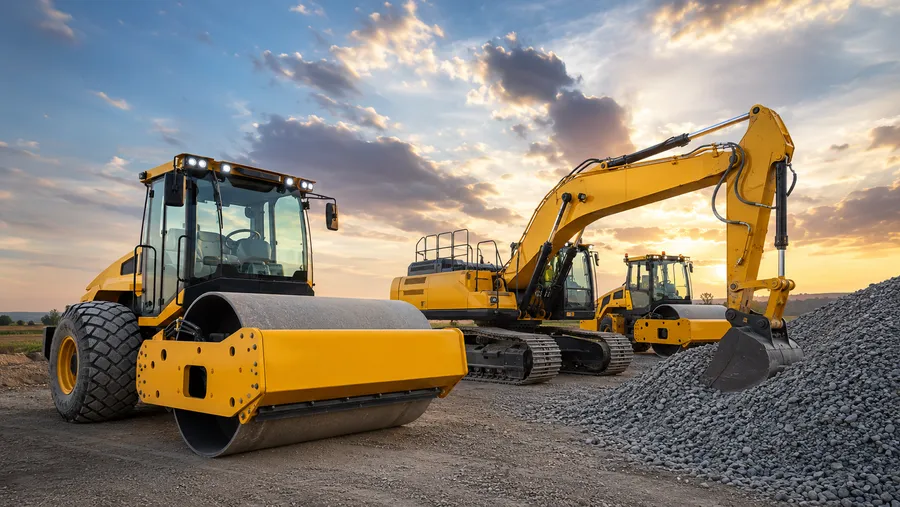 Rodillo compactador y excavadora en una obra