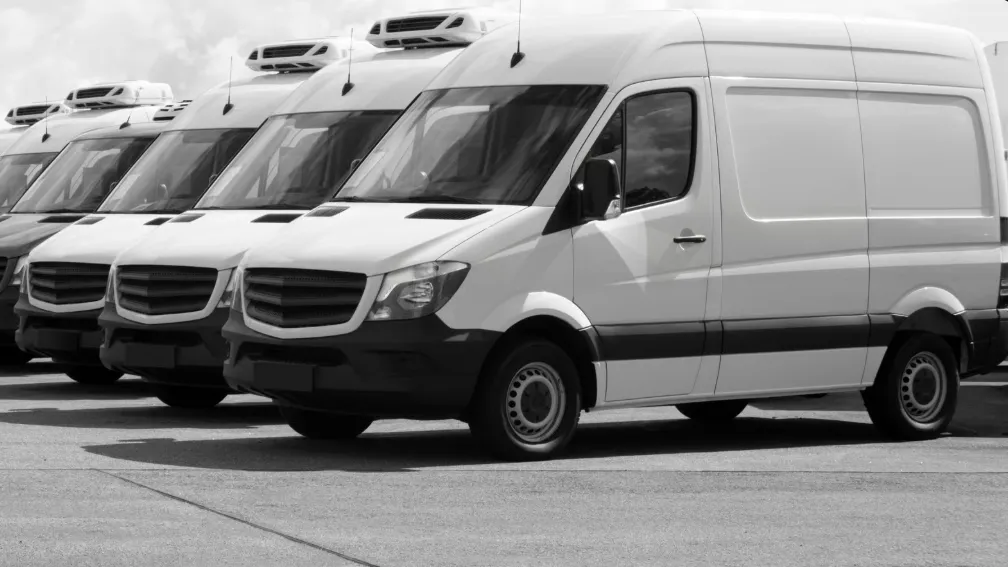 Flotilla de camionetas blancas estacionadas en fila