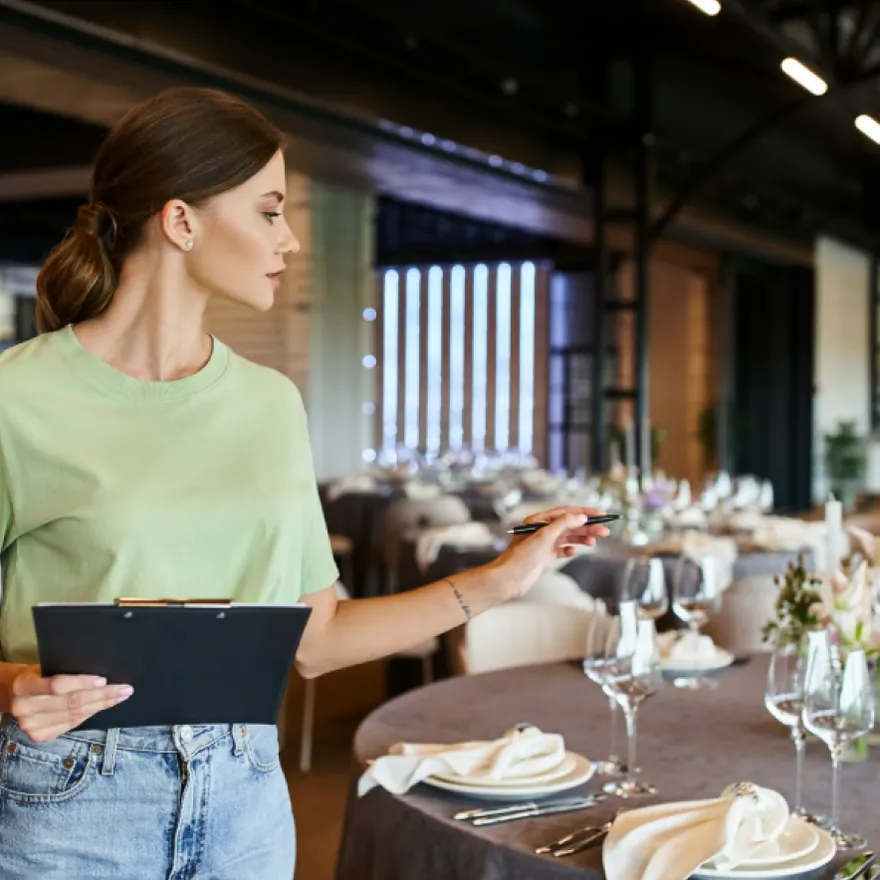 Coordinadora revisando el montaje de un salón de eventos